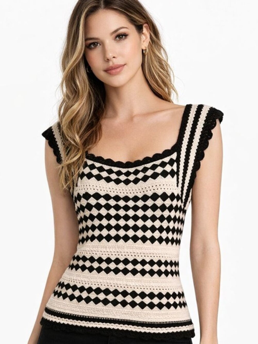 NWT DR2 Crochet Cropped Tie Back Top Boho Knit Tank Black White Geometric M